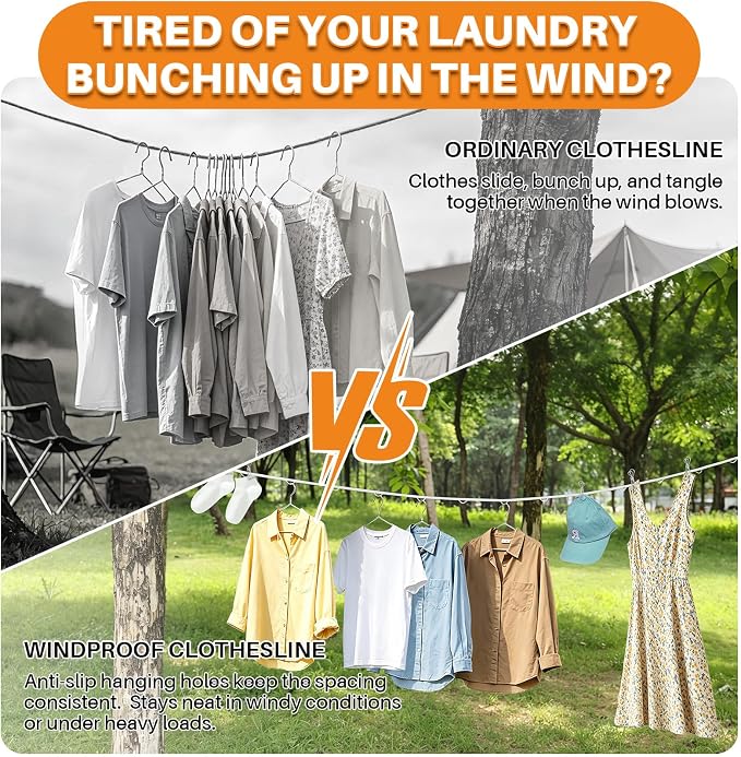 Portable Clothesline for Travel, Windproof Clothing line with Hang Hole, Outdoor & Indoor Laundry Drying with Clothes Clips Camping Accessories (White, 12.5 FT)