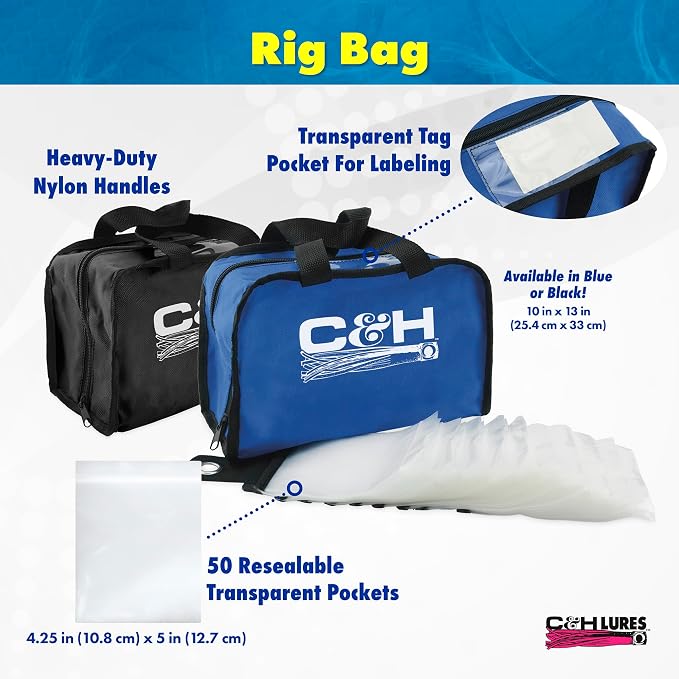 C&H Lures Lure Carry Case, 11 in x 8.75 in x 2.5 in / 28 cm x 22.2 cm x 6.4 cm, 30 Resealable Rig Bags Inside, Blue