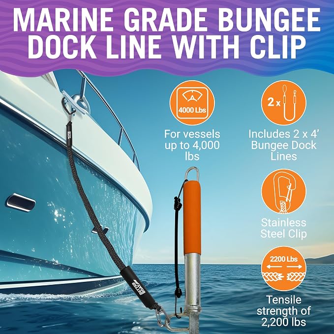 2-Pack Black Bungee Dock Lines with Clip, Marine Grade Boat Rope, Jet Ski or PWC Mooring Ties, Boating Accessories for Boats