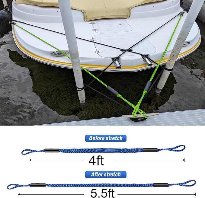Boat Bungee Dock Lines, Mooring Rope for Docking with Loop, Boat Ropes, Boat Accessories, Quick and Easy Dock for PWC, Kayak, Seadoo, WaveRunner, Pontoon, Bass Boat (Blue*Black)