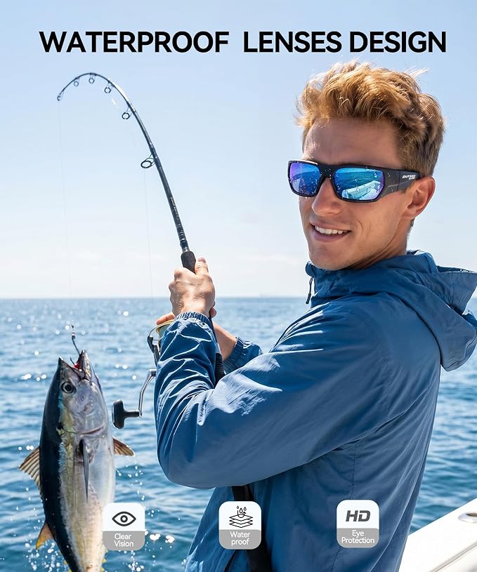 Men's Polarized Fishing Sunglasses, UV400 Wrap Around Sports Sunglasses, Floatable Anti-Glare Eyewear for Runing