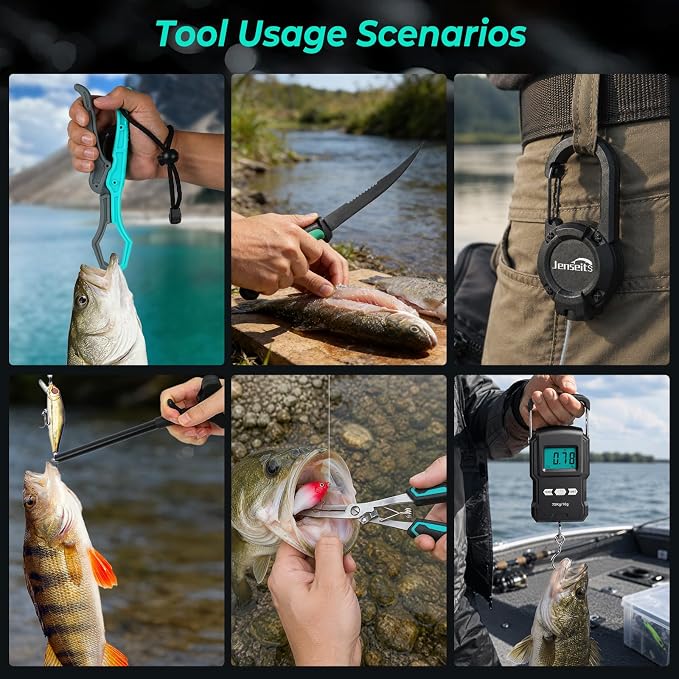 Jenseits Fishing Tool Kit, Fish Gripper, Fishing Pliers, Digital Fish Scale, Fillet Knife, Hook Remover & Fishing Accessories Set, Freshwater Saltwater Fishing Gear, Fishing Gifts for Men Angler