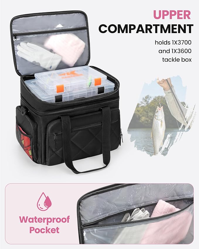 Smasrob Fishing Tackle Bag with Large Lure Boxes Pocket and Extra Top Tackle Trays Pocket, Fish Bag for Saltwater and Freshwater (Tackle Trays Not Included), Black