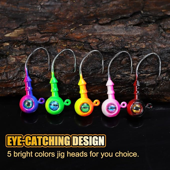 Round Jigs Heads for Fishing, 3D Eyes Ball Head Hooks with Stacked Cone Keeper, 1/8oz 1/5oz 1/4oz 3/8oz Crappie Jig Heads for Bass Fishing Trout Crappie Panfish Walleye