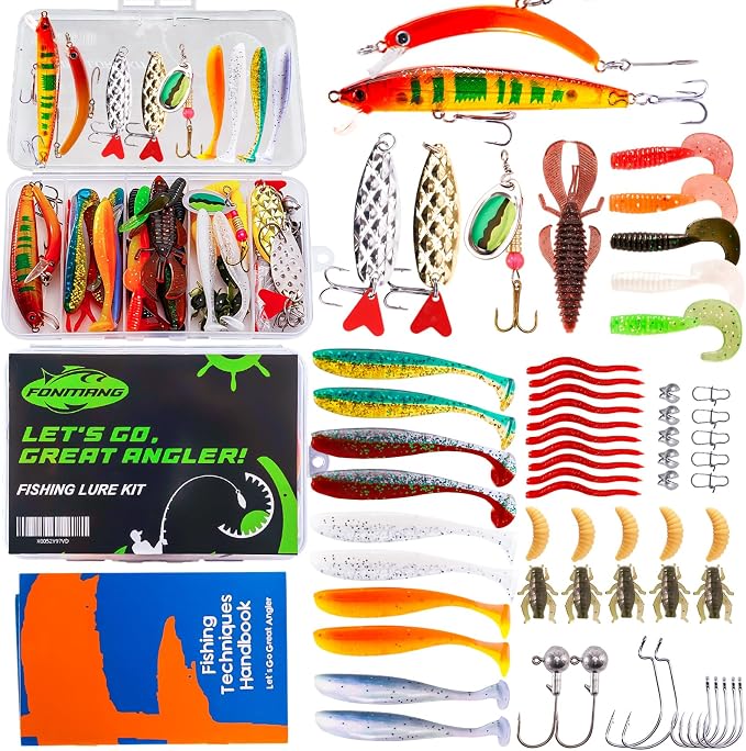 FONMANG Fishing Lures - Fishing Tackle kit with Spoons, Swim Bait, Jerk baits, Lure & Fishing Accessories, Bass Fishing Kit Also for Trout, Bluegill, Small Fishing Tackle Box for Freshwater