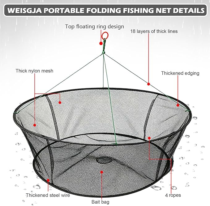 Portable Folded Fishing Net, Crab Net Fish Net with Fishing Rope, Hand Casting Cage Crab Net, Foldable Fishing Mesh Trap for,Minnows,Lobster,Crawfish, Shrimp etc.