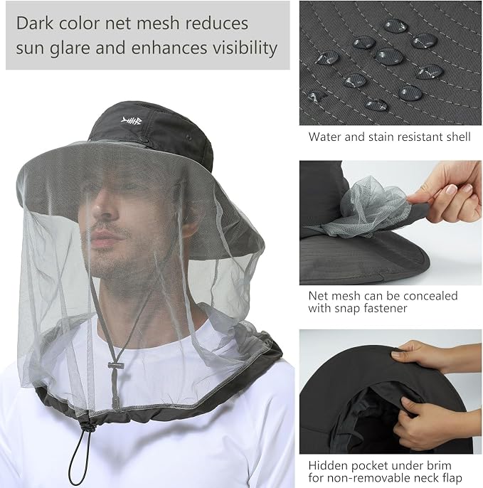 BASSDASH UPF 50+ Mosquito Sun Hat with Hidden Head Net and Neck Flap for Men Women Outdoor Fishing Hiking Camping
