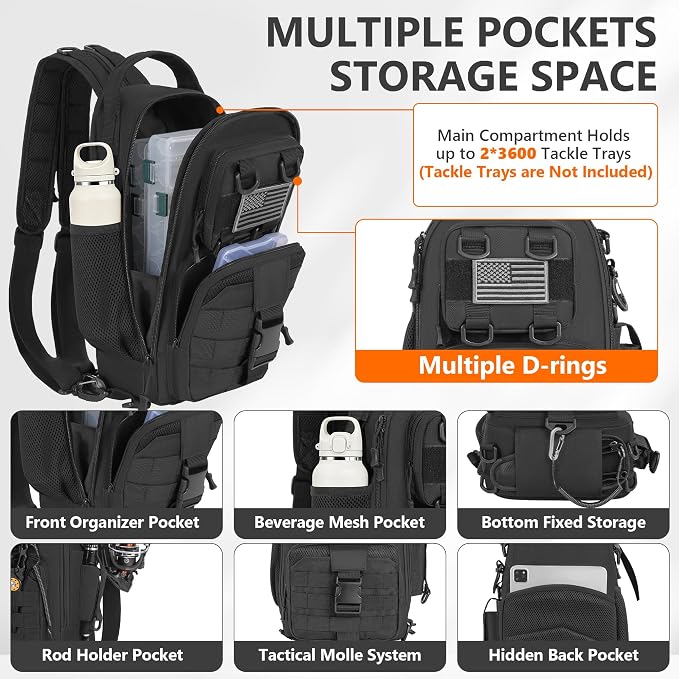 GMAK Fishing Backpack Tackle Sling Bag, Tactical Fishing Tackle Backpack with Rod & Gear Holder, Lightweight Outdoor Water-Resistant Tackle Gear Pack Shoulder Bags for Men Women, Black