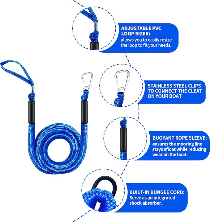 Single Hook Bungee Dock Lines – Heavy-Duty Elastic Mooring Ropes for Boats, PWCs & Kayaks | Adjustable PVC Sleeve | 316 Stainless Steel Clip (1, Blue, 14 Feet)