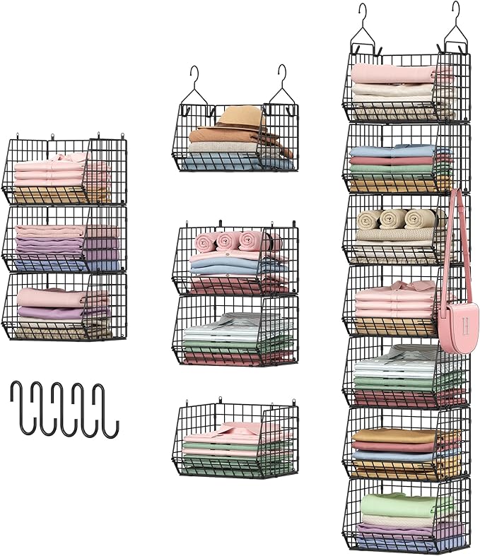 X-cosrack 7 Tier Foldable Hanging Closet Organizer and Storage,Wire Closet Shelving with 4 Large Hooks+ 5 S Hooks,Hanging Basket for Clothes Sweaters Shoes Handbags,Small Closet Organizers