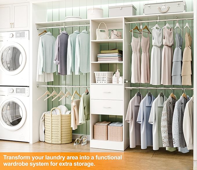 Closet System, 6-9FT Walk-in Closet Organizer System with 2 Wooden Drawers 4 Expandable Hanging Rods, Wood Wardrobe Storage Organizer with Valet Rod, Clothes Garment Rack for Bedroom, White
