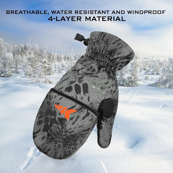 KastKing PolarBlast Convertible Ice Fishing Gloves Cold Weather Mittens and Fingerless Gloves with 3M Thinsulate Ideal for Ice Fishing, Photography
