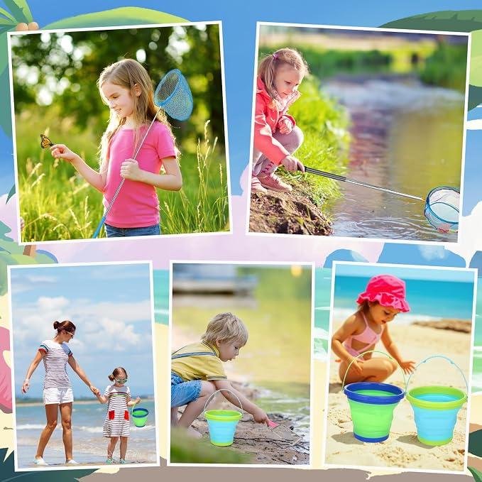 2 Pack Telescopic Kids Fishing Net with Handle, 2 Collapsible Bucket Sand Pail, Stainless Steel Foldable Fishing Net Small Fishing Butterfly Bug Net Beach Shovel with Storage Bag