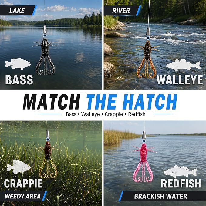 49pcs Soft Fishing Lures Kit – Texas Rig Kit for Bass Fishing with Silicone Shrimp Baits, Hooks, Weights & 3D Eyes – Bass, Crappie & Trout Tackle for Freshwater & Saltwater