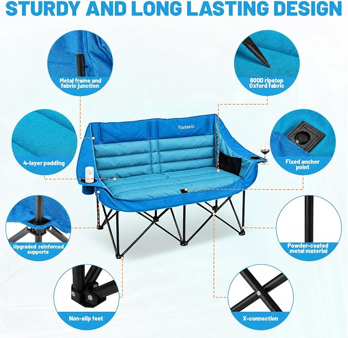 Youtanic Oversized Double Camping Chair, Folding Loveseat Camping Couch with Pocket, Cup Holder and Carry Bag, Heavy Duty Portable Camping Chairs for Adults, Fishing, Sports, Trip, up to 660lbs, Blue