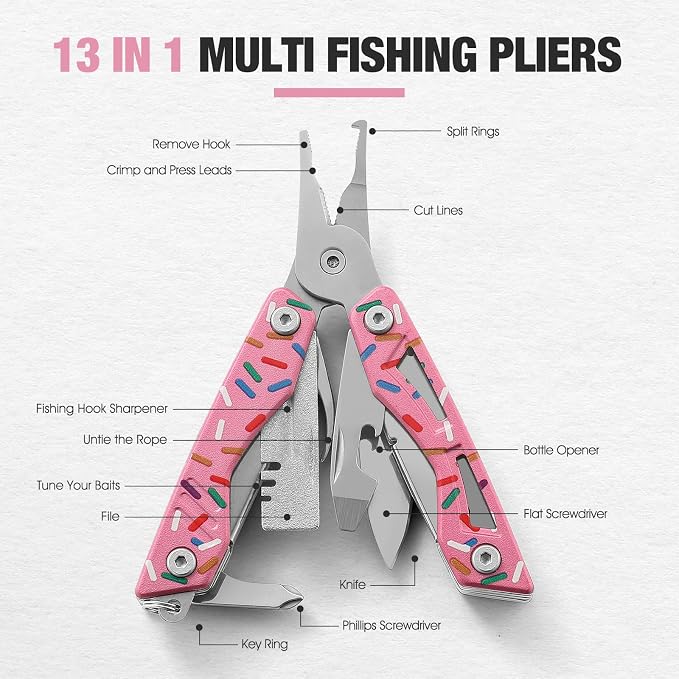 VIRENKNIFE 13-in-1Multi Tool Pliers, Stainless Steel Mini EDC Multitool with Pocket Knife,Screwdriver，Bottle Opener，Fishing Hook Sharpener，Perfect for Camping, Hiking, Fishing（Donut）