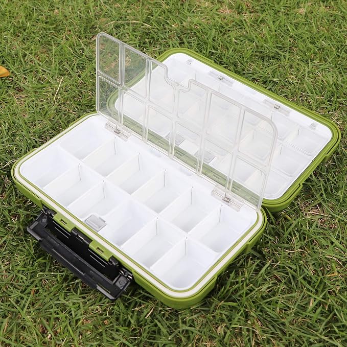 small tackle box, mini waterproof fishing tackle box organizer, double sided organizer travel box(L Green)