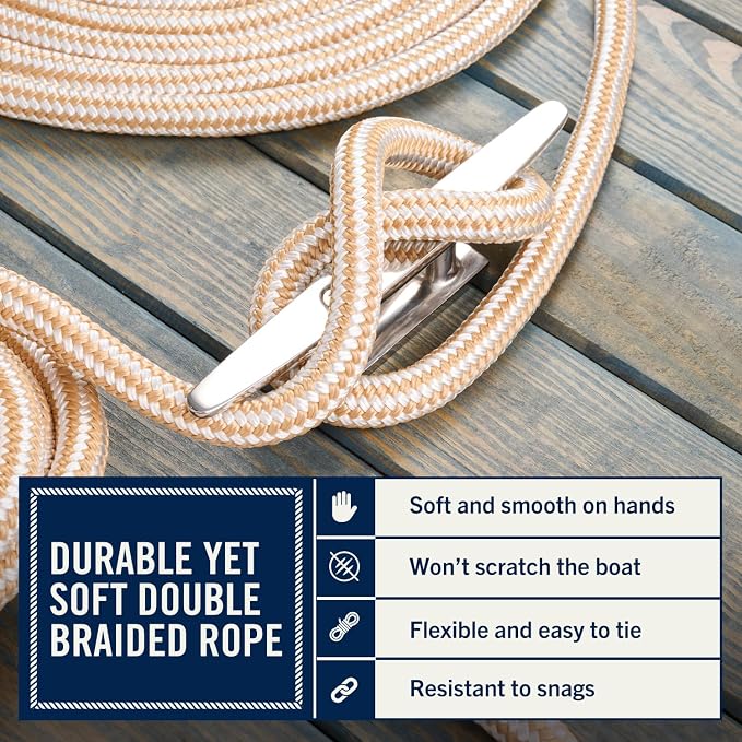 RainierSupplyCo Dock Lines - Boat Rope for Docking with Loop - 50 ft x 3/4 Inch Premium Double Braided Nylon Marine Rope - Mooring Line with 18" Eyelet - Boat Accessories - White Gold