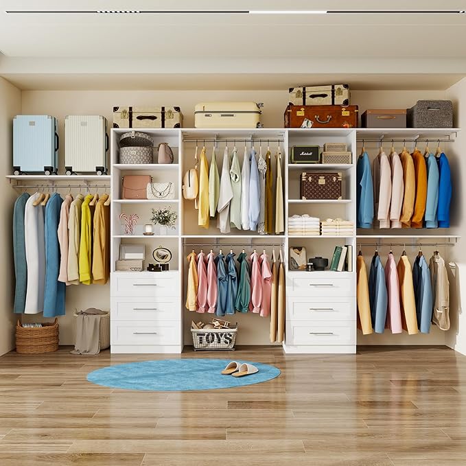 Closet System with 6 Wood Drawers, 5.8FT-8FT-13FT Closet Organizer System Storage Storage Adjustable with 6 Cuttable Shelves & 6 Expandable Hanging Rods, Walk in Closet, 2 Sets , White