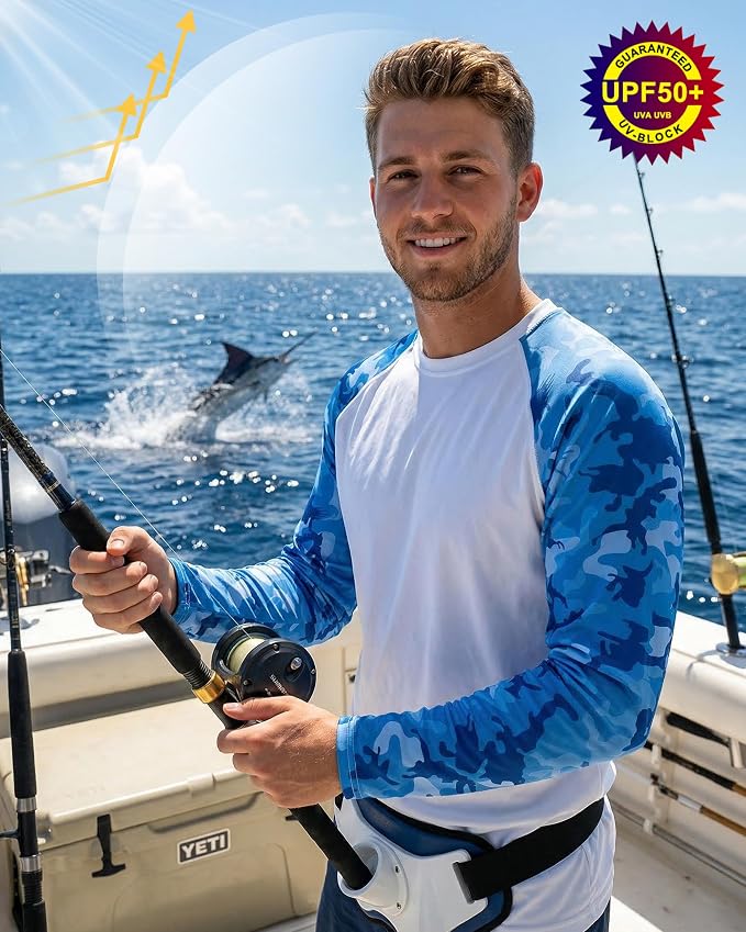FISHEAL Men's Long Sleeve Fishing Shirts, UPF 50+ Camo Sun Protection Rash Guard, UV Shirt for Swimming Hunting Outdoor