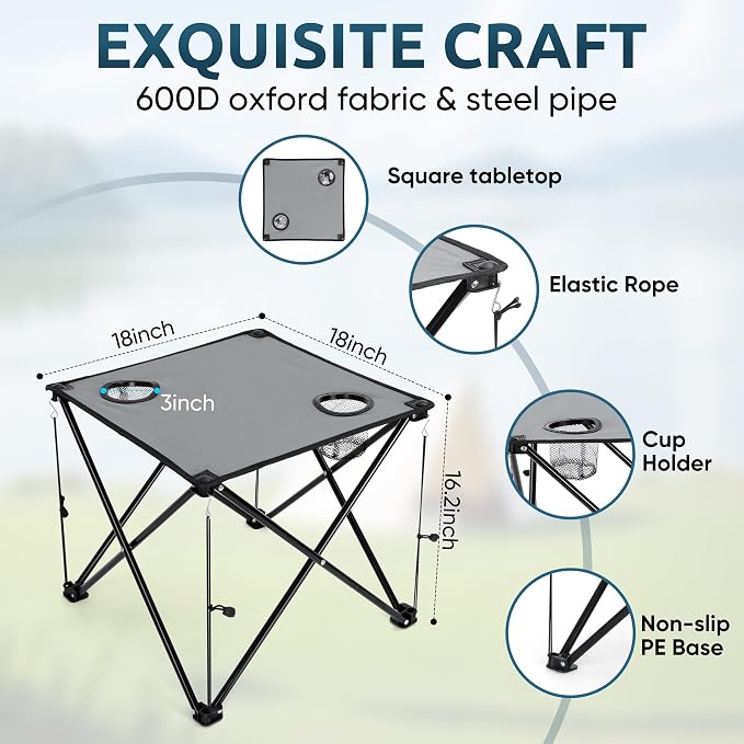 HaSteeL Folding Beach Chair Set of 3, Foldable Blue Camping Chairs & Grey Table for Outside, Low Beach Chair Portable for Adults Fishing, Picnic, Outdoor BBQ, Travel, Sports, Cup Holder & Storage Bag