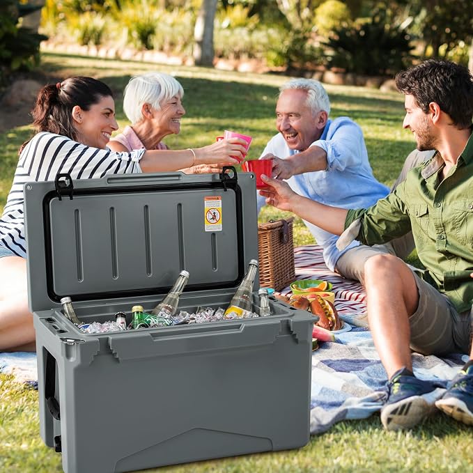 Goplus Hard Cooler, Insulated Ice Chest w/Portable Handles, Cup Holders, Ruler, Bottle Opener, 6 Day Ice Retention for Drink, Beverage, Camping, Fishing, Beach