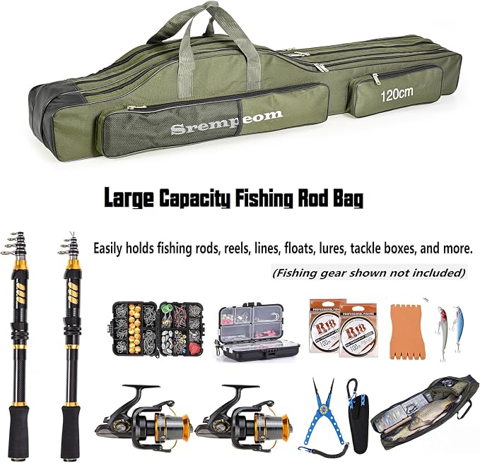 3 Layers Fishing Pole Bag,Portable 3 Layers Oxford Folding Rod Carry Case,Fishing Reel Tackle Storage Bag Case