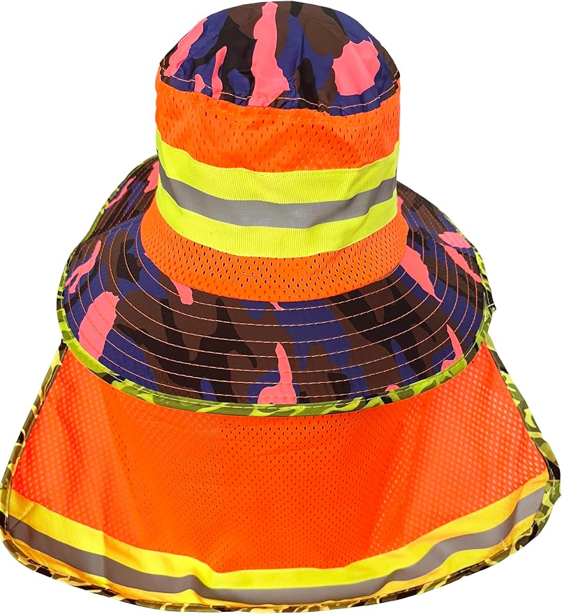 Men High Visibility Reflective Sun Hat with Neck Flap Wide Brim Boonie Hat Bucket Cap