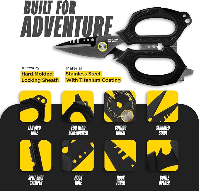 Beyond Fishing 6.5" Pro Fishing Shears Dual Serrated Blades, Fishing Braided Line Scissors with Titanium Coating, Non-Slip Grip & Multifunction Tool, Includes Hard Molded Locking Sheath
