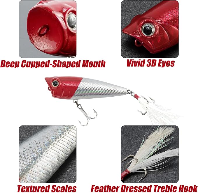 Alwonder 5-Pack Fishing Popper Lure, Fishing Top Water Lures Bass Lures Feathered Treble Hooks Rooster Tail Lure Plugs Hard Baits