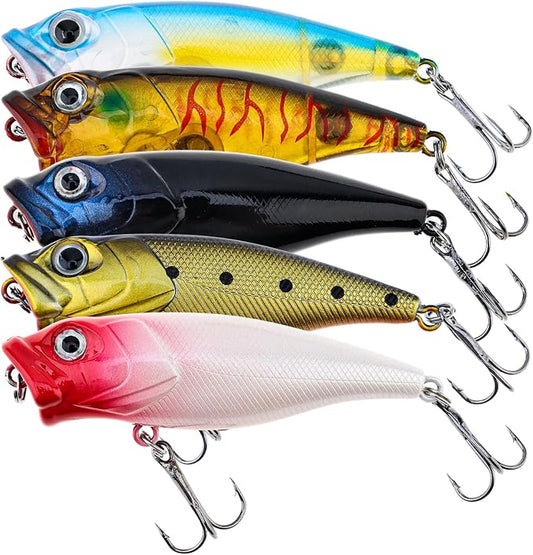 5pcs Fishing Popper Lure, Colorful 3D Eyes Topwater Lures Bass Lures Fishing Hard Baits
