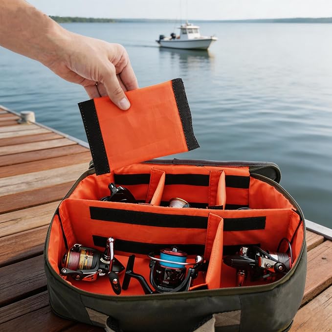 Kylebooker Fishing Reel Case – Travel Storage Bag with Adjustable Compartments for Fly Reels, Spinning Reels, Baitcasting Reel & Fishing Gear
