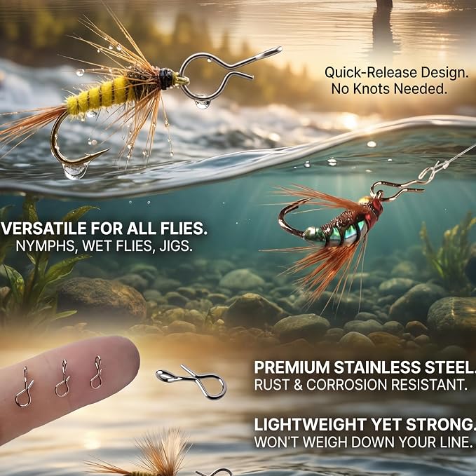 Fly Fishing Snaps and Clips – Quick-Release Durable Stainless Steel No-Knot Snap Connectors for Fast Lure and Fly Changes, Lightweight and Rust-Resistant Terminal Tackle Tools