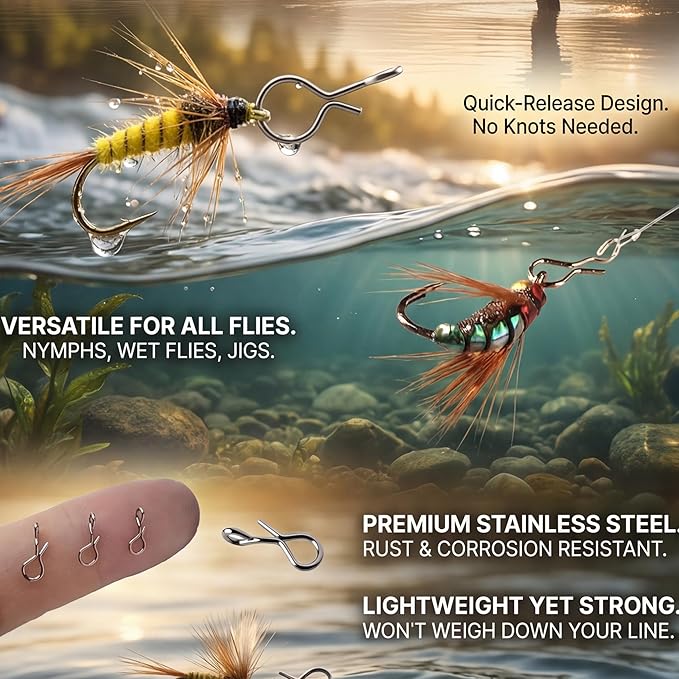 Fly Fishing Snaps and Clips – Quick-Release Durable Stainless Steel No-Knot Snap Connectors for Fast Lure and Fly Changes, Lightweight and Rust-Resistant Terminal Tackle Tools