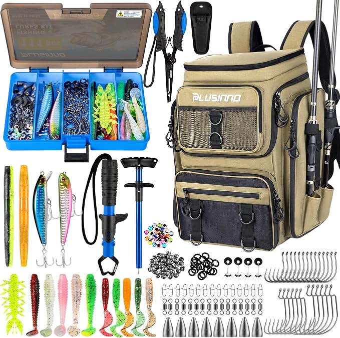 PLUSINNO Fishing Backpack with Tackle Boxes,Fishing Gear,42L Waterproof tackle Backpack with Rod Holders,Lures,Tools,Pliers & Accessories, Fishing Gifts for Men