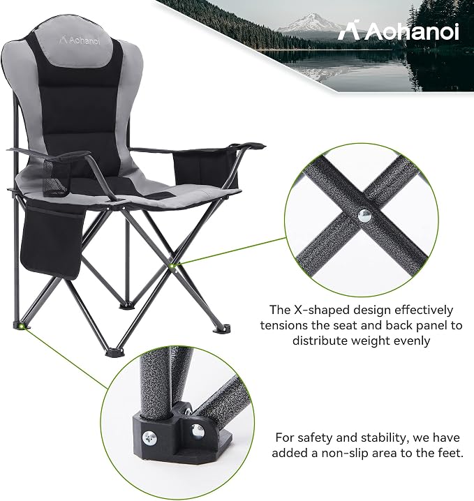 Aohanoi 2 Pack Camping Chairs for Heavy People,Outdoor Folding Camp Chairs for Adults with Cup Holder & Cooler Bag for Outside,Outdoor Lawn Chairs Supports Up to 400lbs