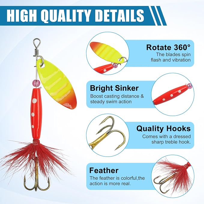 Spinner Baits Bass Lures Rooster Feather Tail Fishing Lures Trout Lures Hard Metal Inline Spinnerbaits for Bass Trout Pike Walleye Salmon with Tackle Box