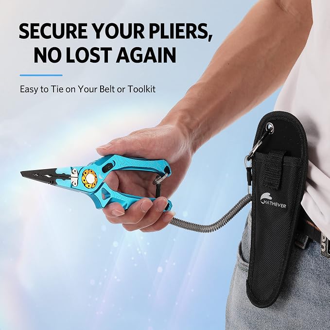 Saltwater Fishing Pliers, Split Ring Pliers for Fishing with Safety Lock, Fish Pliers with Sheath and Lanyard, Fishing Gifts for Men