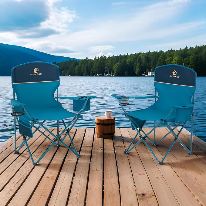 ALPHA CAMP 2-Pack Camping Chair with Cooler Bag, Heavy Duty 250lbs Capacity Folding Chair with Lumbar Support & Side Pocket, Portable Quad Chairs for Beach Fishing Tailgating & Sideline Sport