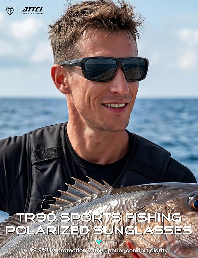 ATTCL Polarized Sunglasses Men for Fishing: UV Protection Lightweight TR90 Sports Wrap Sun Glasses Driving Golf Running