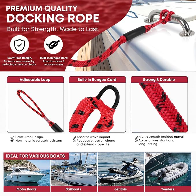 Boat Bungee Dock Lines, Scratch-Free Loop Ends Mooring Rope, Shock Absorbing Pontoon Tie Down Accessories Compatible with Models for Jet Ski（4ft-2 Pack-Red&Black Dots）