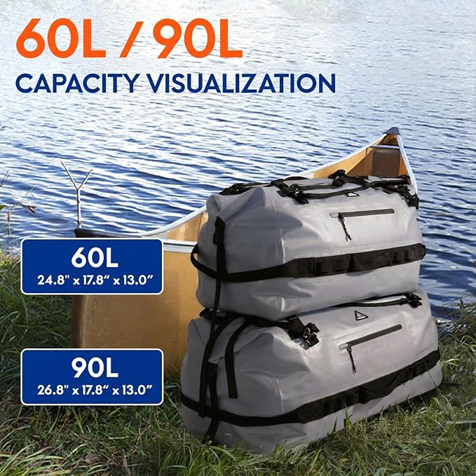 Haimont IPX7 Waterproof Roll-Top Dry Duffel Backpack | 60L/90L Sizes, 500D Tarpaulin, Welded Seams, Mesh Pockets, Boating & Kayaking