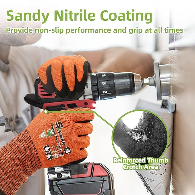 Schwer ProGuard High Level Cut Resistant Work Gloves PR3326 for Extreme Protection，ANSI A9 Cut Gloves with Reinforced Thumb, Non Slip, Durable, Touch-screen, Orange 1 Pair(XXL)