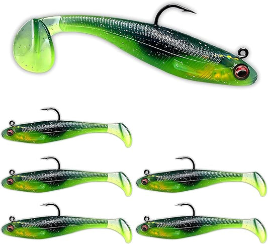 USA Bass Tackle Patriot Shad - Scent Infused Paddle Tail Swimbaits Pre Rigged Fishing Lures Premium Bait Strong Owner Hook, Fishing Gear for Bass Freshwater Predator Fish