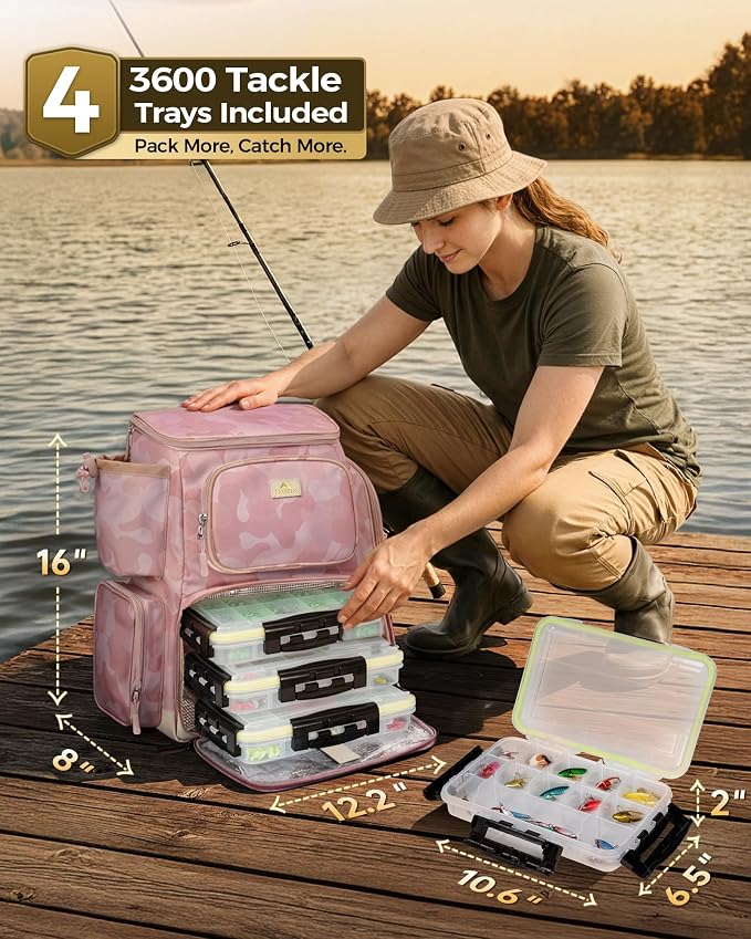 MATEIN Pro Fishing Backpack with 4 Tackle Boxes, 3600 Tackle Box Backpack with Rod Holder, Large Side Gear Storage & Cooler