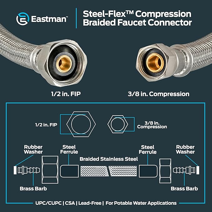 Eastman 12 inch Steel-Flex Braided Faucet Connector, 1/2 Inch FIP x 3/8 Inch Compression, Stainless Steel Faucet Supply Line, 48003