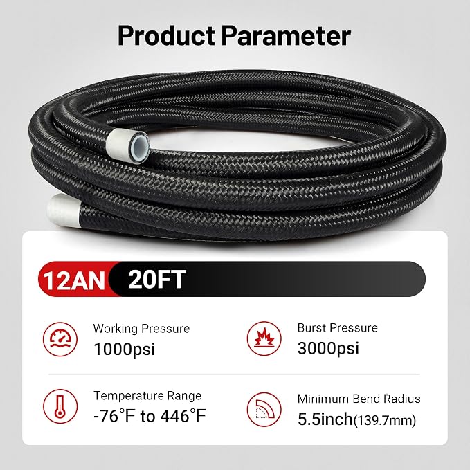 EVIL ENERGY 12AN PTFE Fuel Hose Line, AN12 Fuel Line E85 Nylon Braided 20FT Black