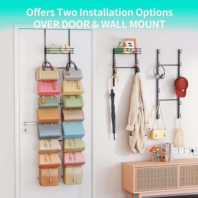 HapiRm Over The Door Purse Organizer - Wall Mounted Purse Rack with 16 Hooks and Metal Basket, Hanging Handbag Organizer Holds up to 16 Bags, Bag Rack Can Use As 1/2 Part, for Door, Closet (Black)