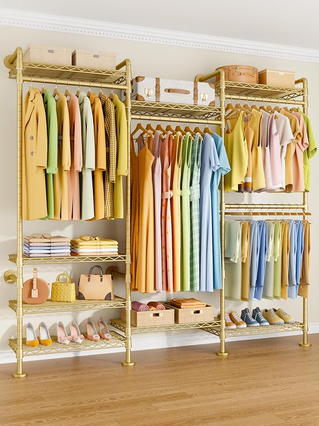 M6 Clothes Rack for Wall Mounted, Heavy Duty Closet Wardrobe System with 8 Shelves and 4 Hanger Rods, 68.5" W x 11.8" D x 86.6" H Clothing Storage Organizer for Holding 1064lbs, Gold