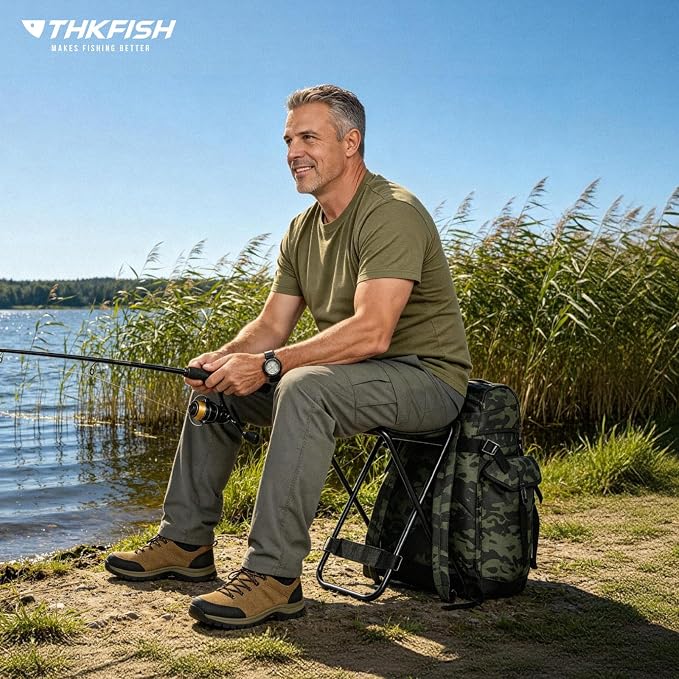 THKFISH Fishing Hunting Backpack Chair with Rod Holder, 35L Large Capacity Storage Tackle Box Foldable Backpack Stool for Adults Fishings, Camping and Hunting